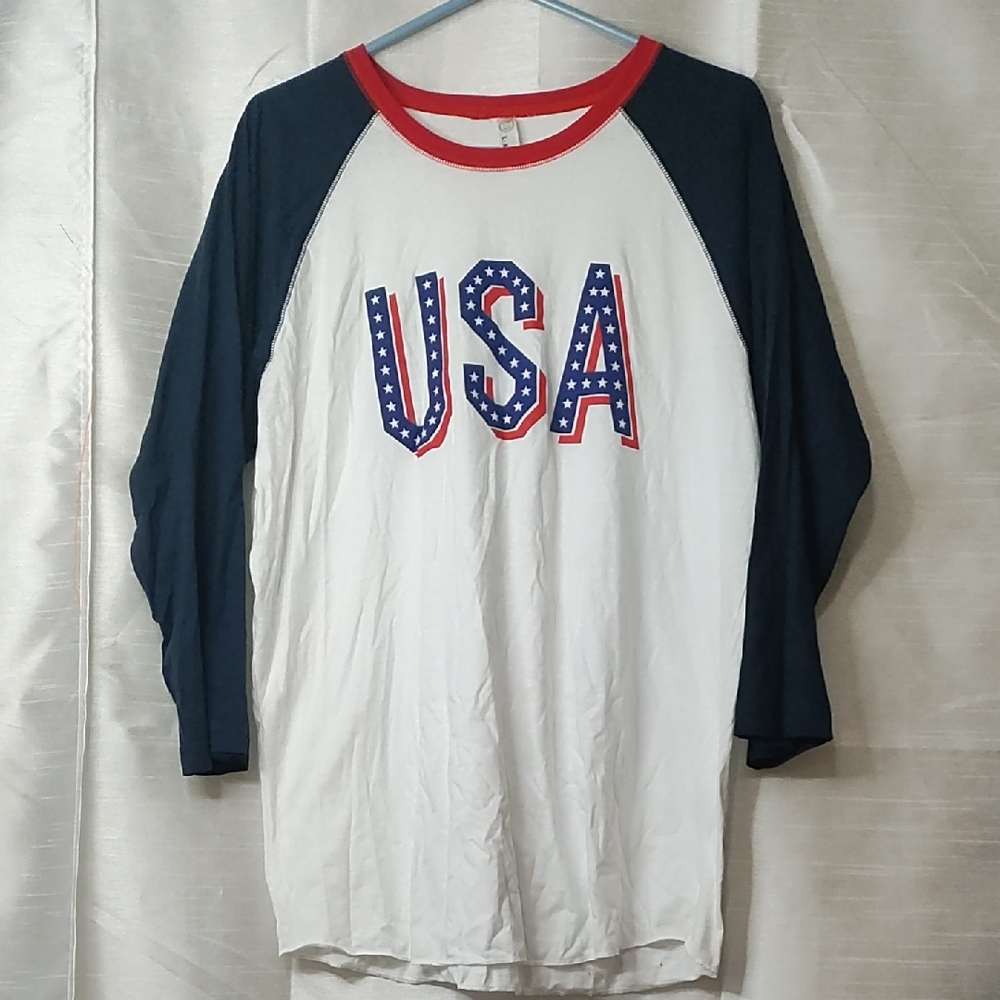 USA Long Sleeve Raglan Tee -‎ White and Blue